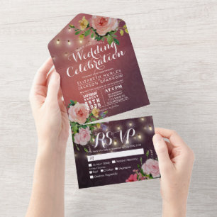 Rosa Roses String Lights Burgundy Red Wedding RSVP All In One Einladung