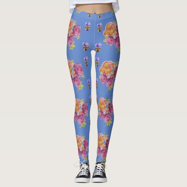 Rosa Roses Violet Shabby Aquarell Blau Leggings (Vorderseite)