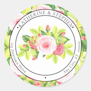 Rosa Roses Watercolor Boho Rücksendeadresse Runder Aufkleber