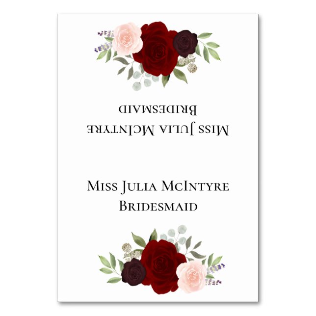 Rosa Roses Wedding DIY Falten Platzkarte mit Titel Tischnummer (Vorderseite)