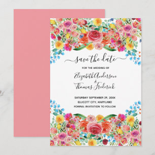 Rosa Rot Gelbe Blumige Elegante Wasserfarbe Hochze Save The Date