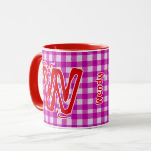 Rosa & Rot Kariert (Femininer Monogramm-Name) Vint Tasse