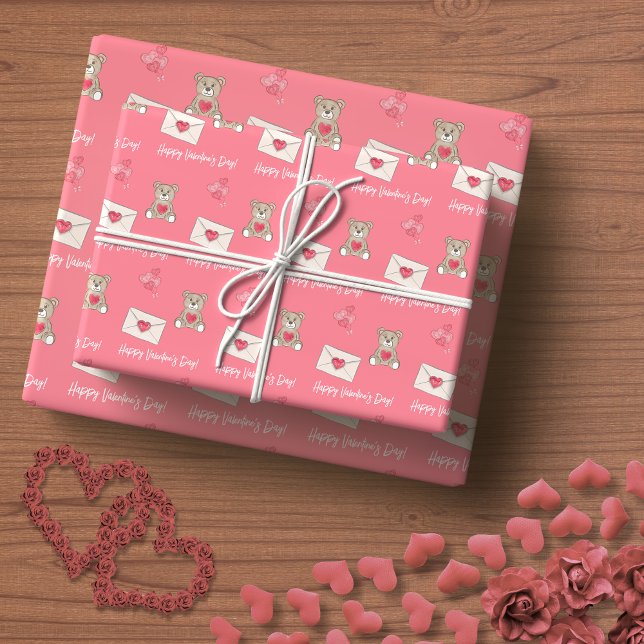 Rosa rot mit Bären, Herz und benutzerdefinierten M Geschenkpapier (Blush Pink with Bear, Hearts, and Custom Message Wrapping Paper)