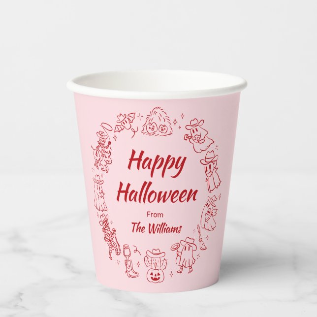 Rosa Rot, Quirky Hand Draodles Halloween Pappbecher (Vorderseite)