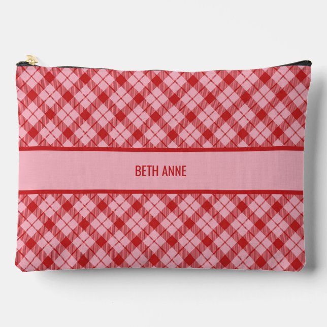 Rosa + Rot Tartan Großformat Zubehörtasche (Vorderseite)