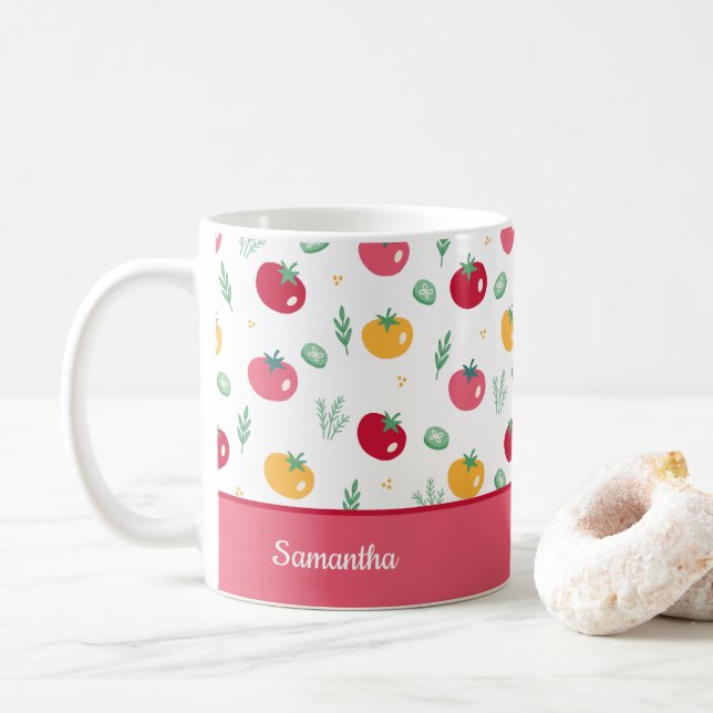 Rosa Rot und Gelb Tomatenküche Kaffeetasse (Mit Donut)