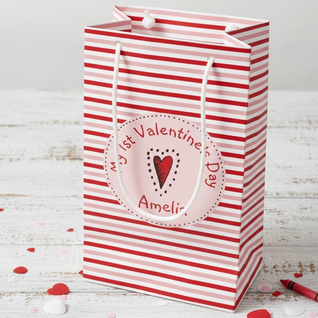 Rosa Rot und Weiße Streifen Babys Erstes Valentin Kleine Geschenktüte (Cute Trendy My 1st Valentine's Day Gift Bags for Baby Girl. Modern Red Pink Stripes Pattern for Kids)