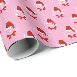 Rosa Rot Weiße Weihnachtsmannmütze Schleife Katze  Geschenkpapier