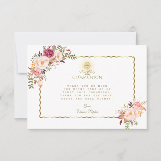 Rosa Rote Blume Gold Erstklassige Kommune Dankeskarte (Vorderseite)