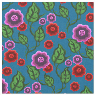 Rosa/rote Blume/grüne Blätter/Blume Folk/Blau Stoff