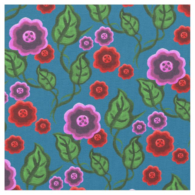 Rosa/rote Blume/grüne Blätter/Blume Folk/Blau Stoff (Nahaufnahme)