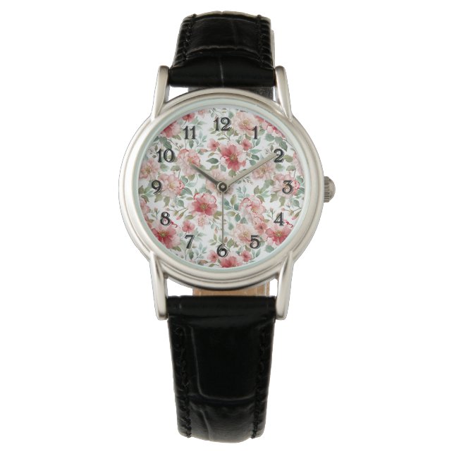 Rosa Rote Blumen   Armbanduhr (Vorderseite)