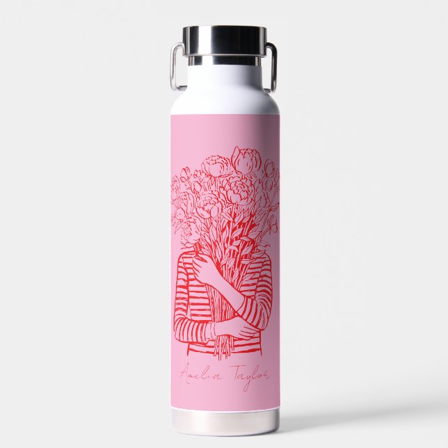 Rosa rote Blumenmädchen-Illustration Personalisier Trinkflasche (Vorne)