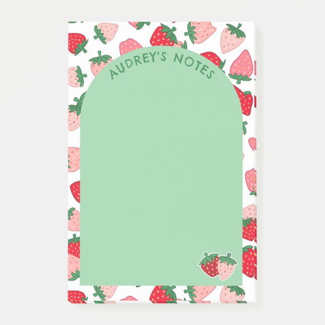 Rosa Rote Erdbeere Muster Grün Arsch Name hinzufüg Post-it Klebezettel (Vorderseite)