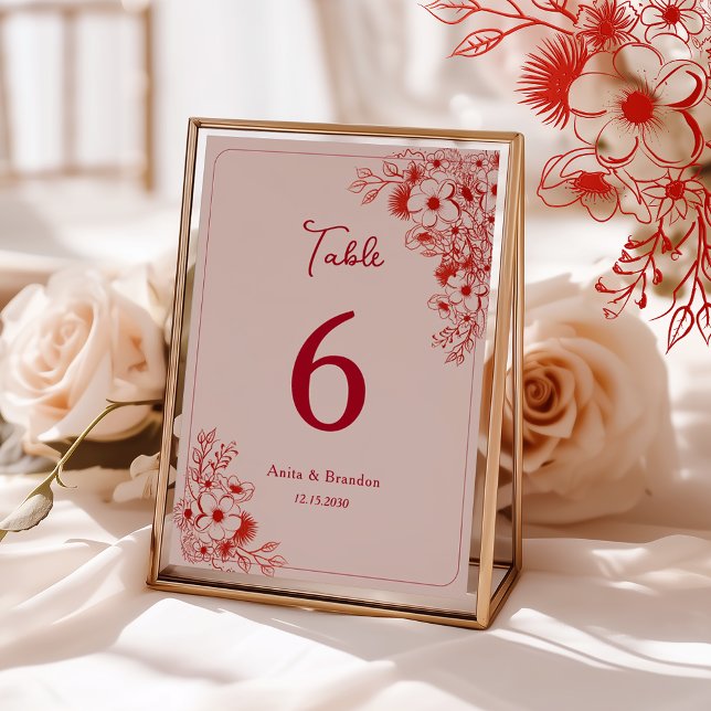 Rosa Rote Florale Hochzeit Tischnummer (Von Creator hochgeladen)