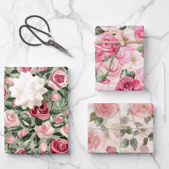 Rosa rote grüne Rosen Floral Brautparty Geschenkpapier Set (Vorderseite)