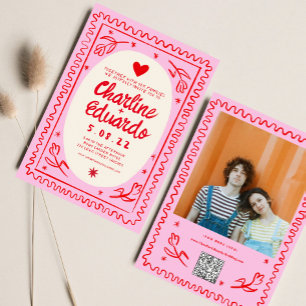 Rosa, rote Hand gezeichnete Wavy Retro-Hochzeit Einladung