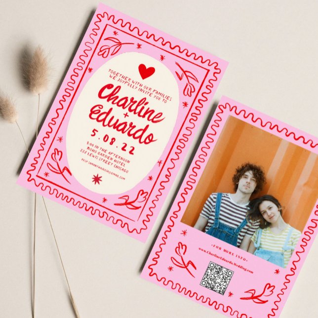 Rosa, rote Hand gezeichnete Wavy Retro-Hochzeit Einladung (Von Creator hochgeladen)