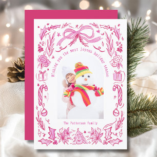 Rosa-rote Koketten-Weihnachts-Familienfoto-Doodle Feiertagskarte