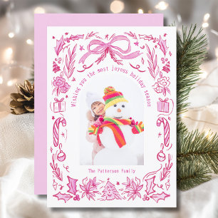 Rosa rote Koketten-Weihnachts-Familienfoto-Doodle Feiertagskarte