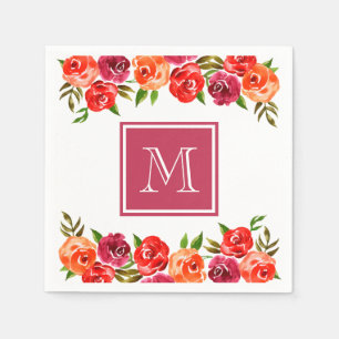 Rosa rote orangefarbene Blumen monogrammiert Serviette