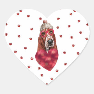 Rosa rote Paws Herz Basset Hound Hunde Valentine Herz-Aufkleber