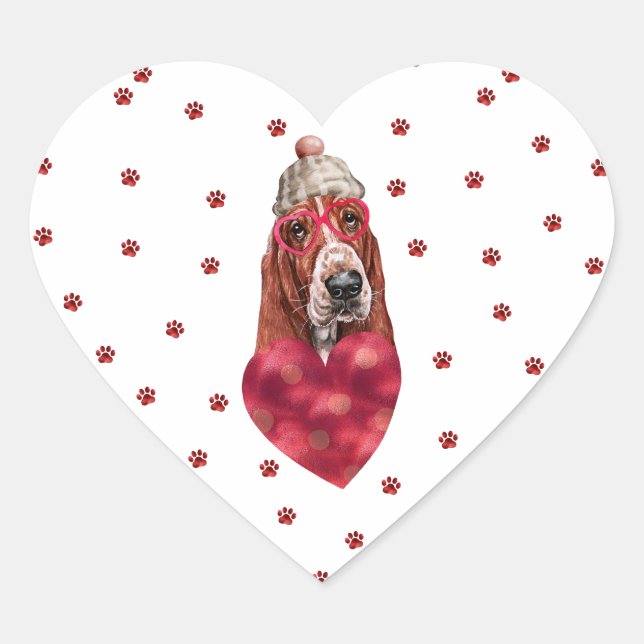 Rosa rote Paws Herz Basset Hound Hunde Valentine Herz-Aufkleber (Vorderseite)