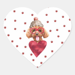 Rosa rote Pfoten Pudel Hund Valentinstag Herz-Aufkleber