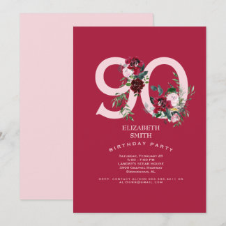 Rosa & Rote Rose Elegant 90. Geburtstagsparty Einladung