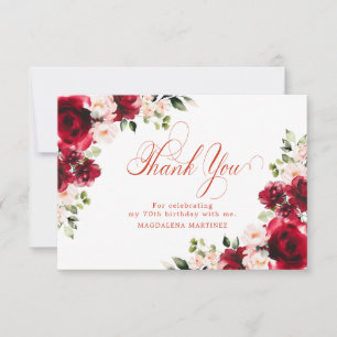 Rosa Rote Rose Floral 70. Geburtstag Personalisier Dankeskarte