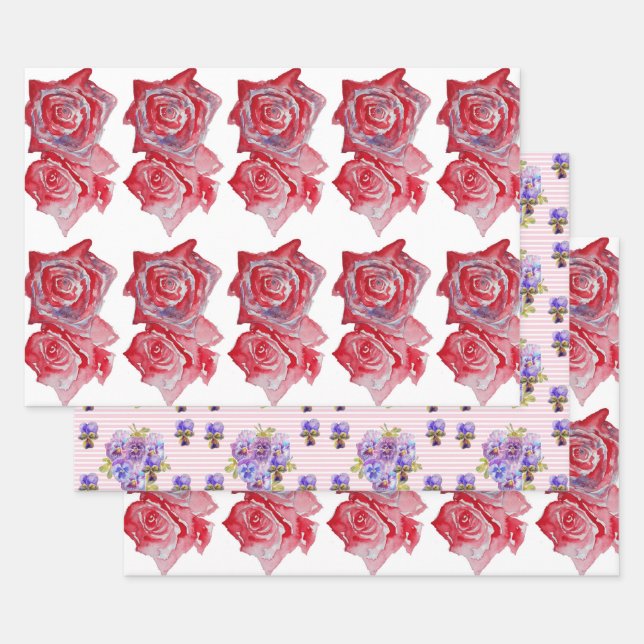 Rosa Rote Rose Rose Blume Aquarellmalerei Kunst Geschenkpapier Set (Set)