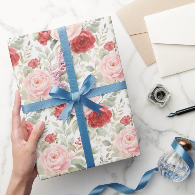Rosa rote Rosen Floral Brautdusche Geschenkpapier (Schenken)
