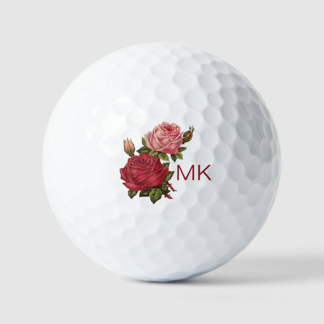 Rosa Rote Rosen Mit Monogramm Damen elegant Golfball (Vorderseite)