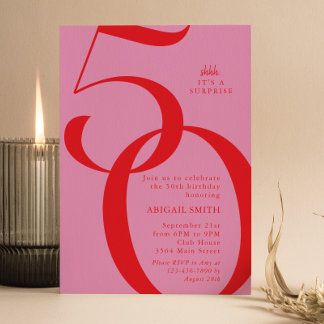 Rosa rote Shh es ist eine Überraschung 50. Geburts Einladung