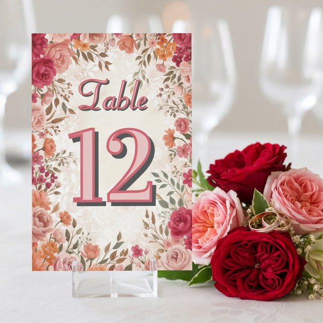 Rosa & Rote Vintage-Frühlingsblumen-Hochzeit Tischnummer (Front view pink red watercolor floral vintage spring garden romantic wedding table number sign)