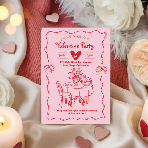 Rosa roter Galentine-Party, Valentins-Party-Doodle Einladung