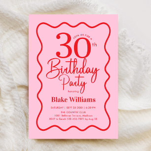 Rosa roter Retro-30. Geburtstag Wavy Border Einladung