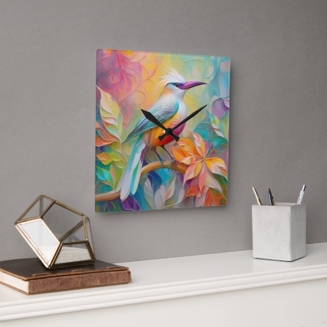Rosa Roter Vogel Quadratische Wanduhr (Büro)