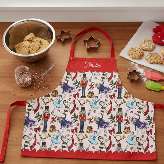 Rosa & Roter Weihnachtsnussknacker-Ballett-Kinder Schürze (Cute Pink and Red Christmas Kids Cookie Baking Apron. Nutcracker Ballerina Mouse King Ballet Pattern)