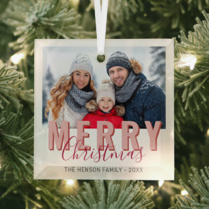 Rosa rotes Frohe Weihnachten Skript Familienfoto Ornament Aus Glas
