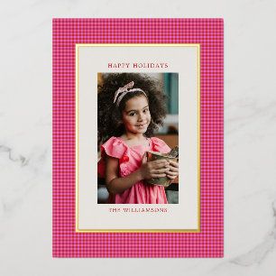 Rosa rotes Gingham-Karo-Familienfoto Weihnachten G Folien Feiertagskarte