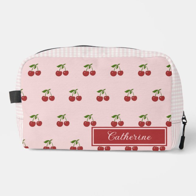 Rosa rotes Kirsch-Gingham-Muster einfaches Obst Waschbeutel (Vorderseite)