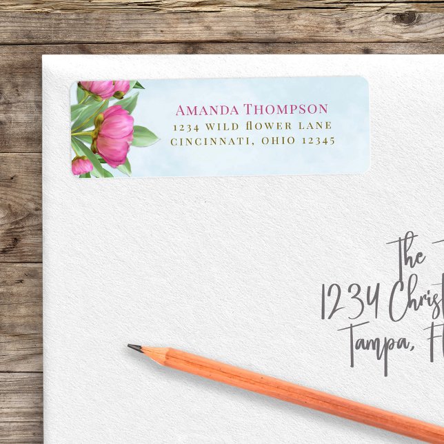 Rosa Rücksendeadresse (Pink floral return address label with peony floral design. )