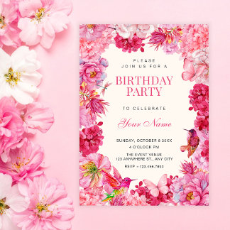 Rosa rustikale Blütenblüten Geburtstag Einladung
