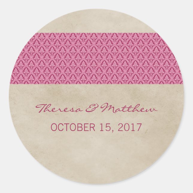 Rosa Rustikale Damaskus-Hochzeitskleber Runder Aufkleber (Vorderseite)