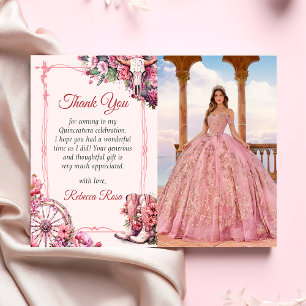 Rosa rustikale westliche Quinceanera-Dankeskkarte Einladung