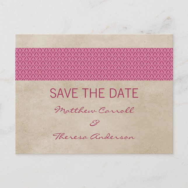 Rosa Rustikaler Damast Save the Date Postkarte (Vorderseite)