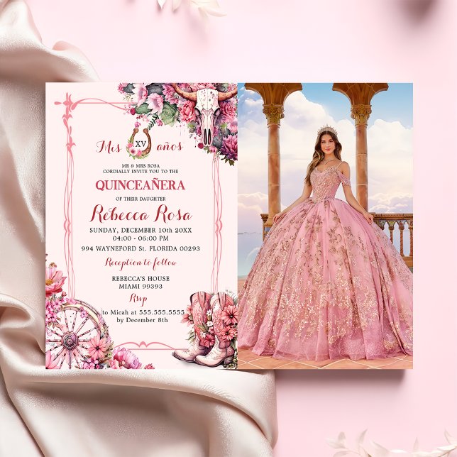 Rosa Rustikaler Western Charra Thema Quinceanera F Einladung (Von Creator hochgeladen)