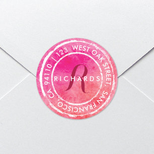 Rosa rustikales Wasserfarben-Monogramm Runde Adr Runder Aufkleber