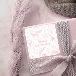Rosa Safari-Dschungeltiere Baby Shower Quadratischer Aufkleber